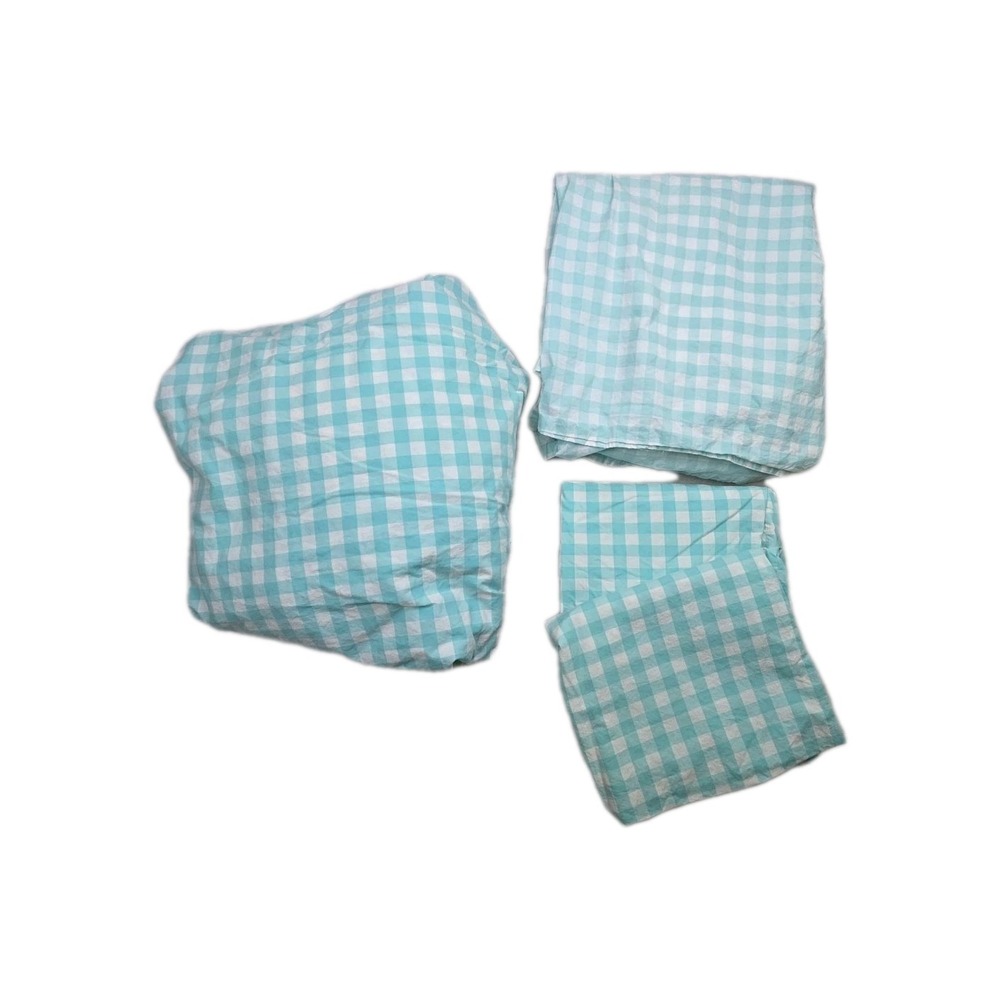 Pottery Barn Kids Organic Aqua Check Full Sheet Set Fitted Flat 2 Pillowcases